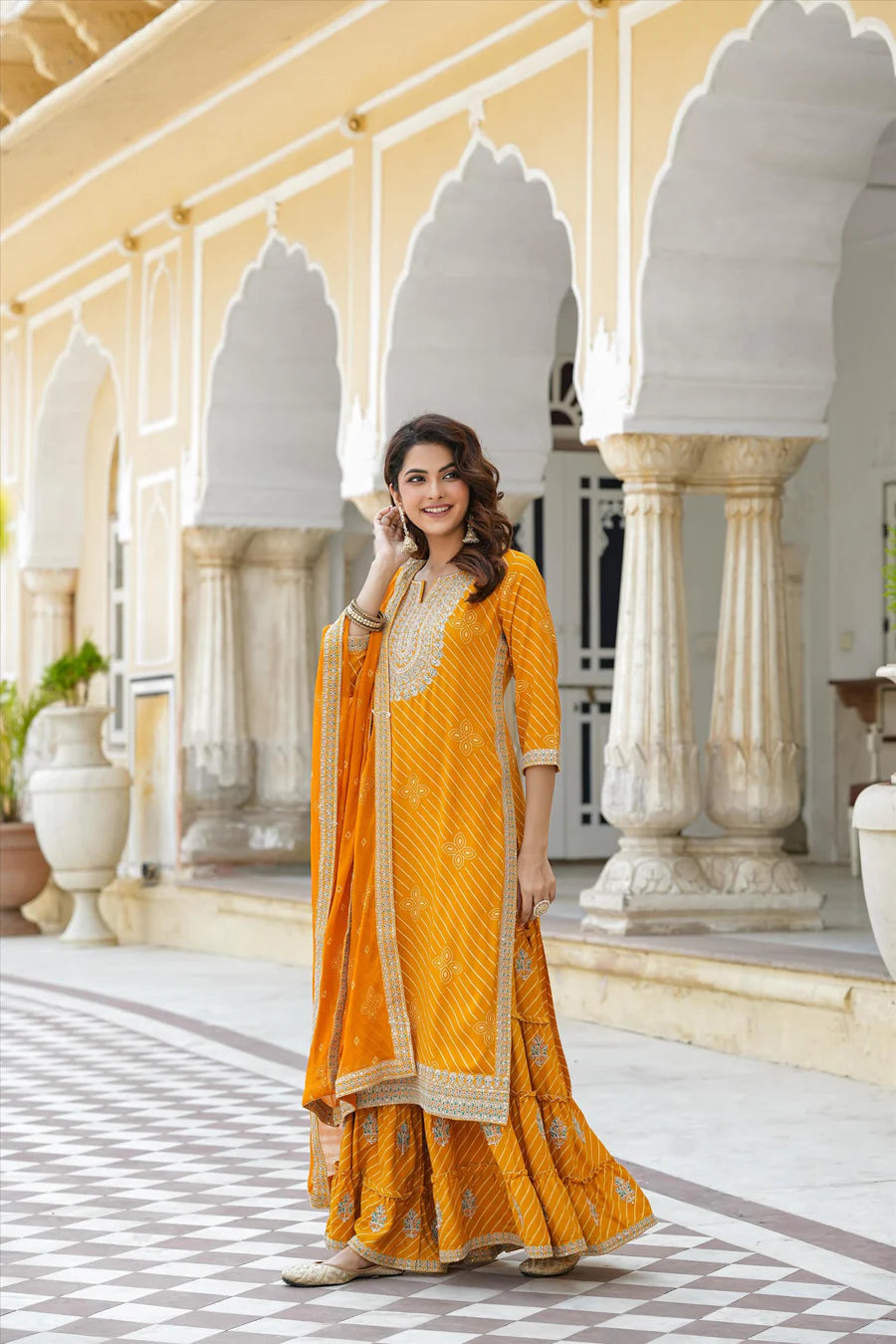 Buy Orange Rayon Leheriya Embroidered Sharara Suit at PinkPhulkari 