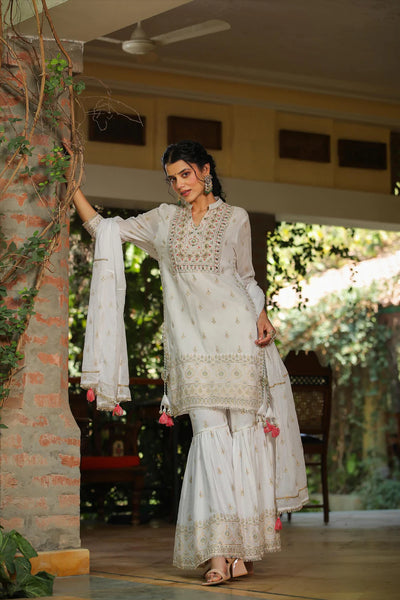 Buy White Mulmul Cotton Sharara Suit at PinkPhulkari CaliforniaBuy White Mulmul Cotton Sharara Suit at PinkPhulkari California