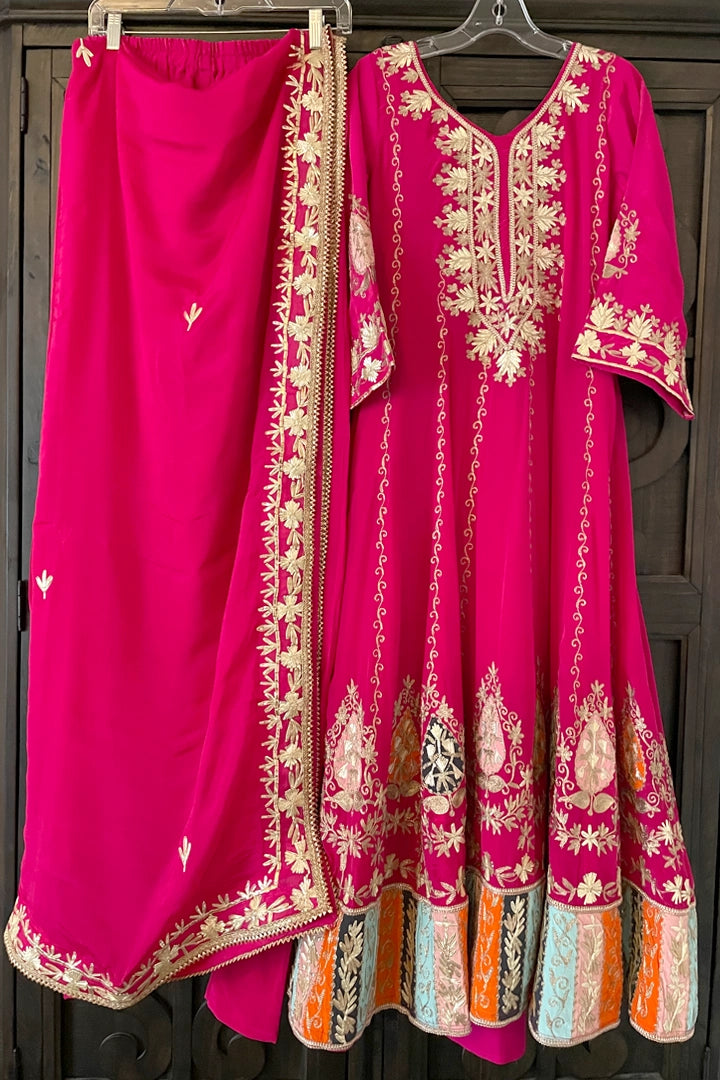 Hot Pink Embroidered Silk Anarkali Dress at PinkPhulkari California