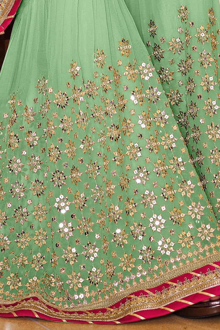 Green Georgette Embroidered Sharara Suit at PinkPhulkari California