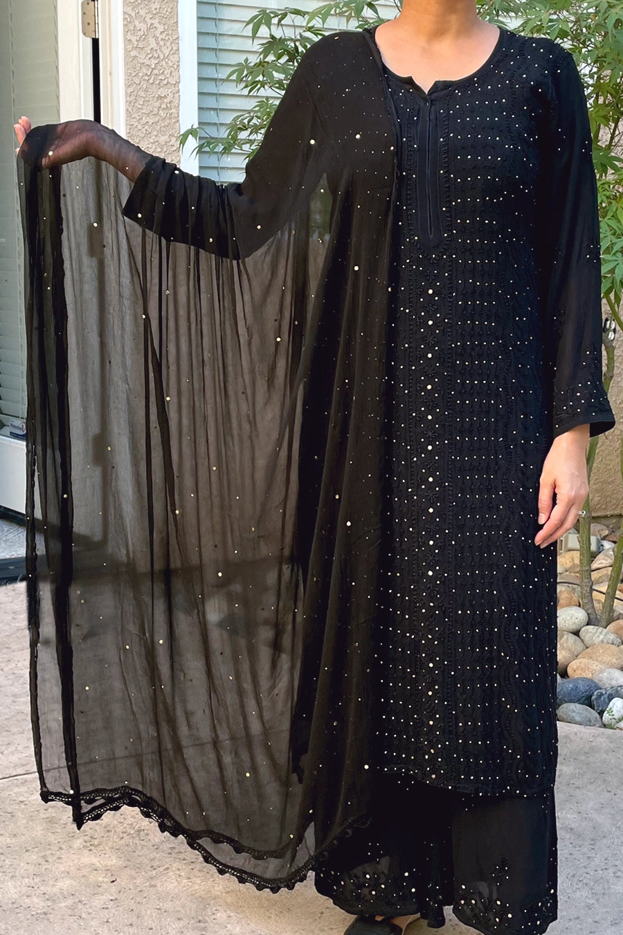 Black Mukaish Work Lucknowi Palazzo Suit at PinkPhulkari California