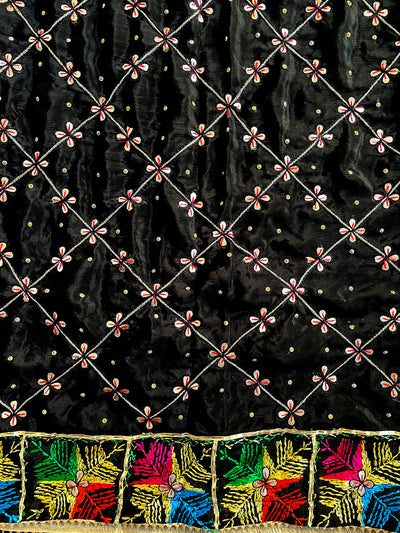 Black Pure Silk Handwork Phulkari Dupatta at PinkPhulkari CaliforniaBlack Pure Silk Handwork Phulkari Dupatta at PinkPhulkari California