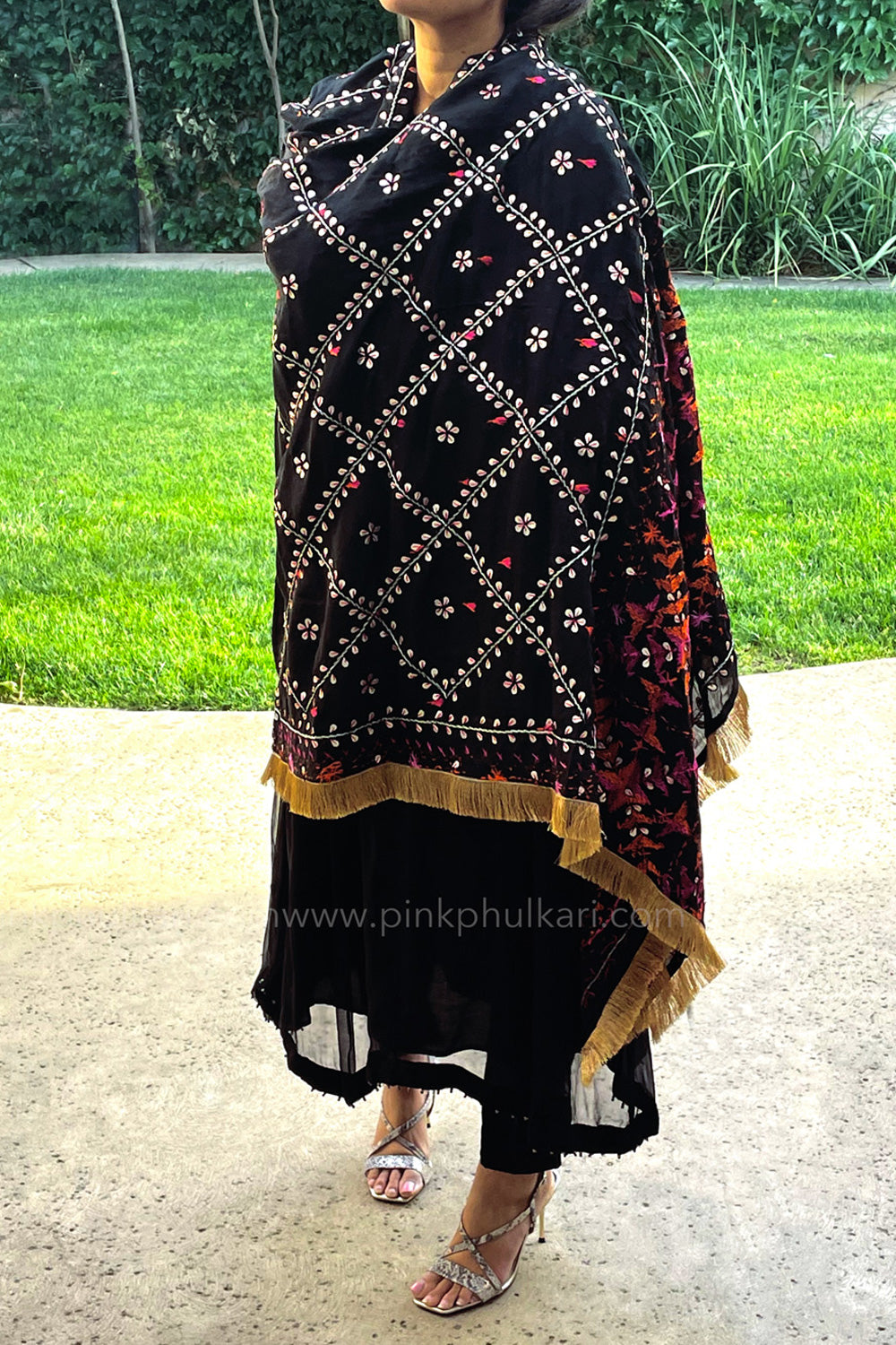Black Silk Phulkari Gotta Work Dupatta at PinkPhulkari California