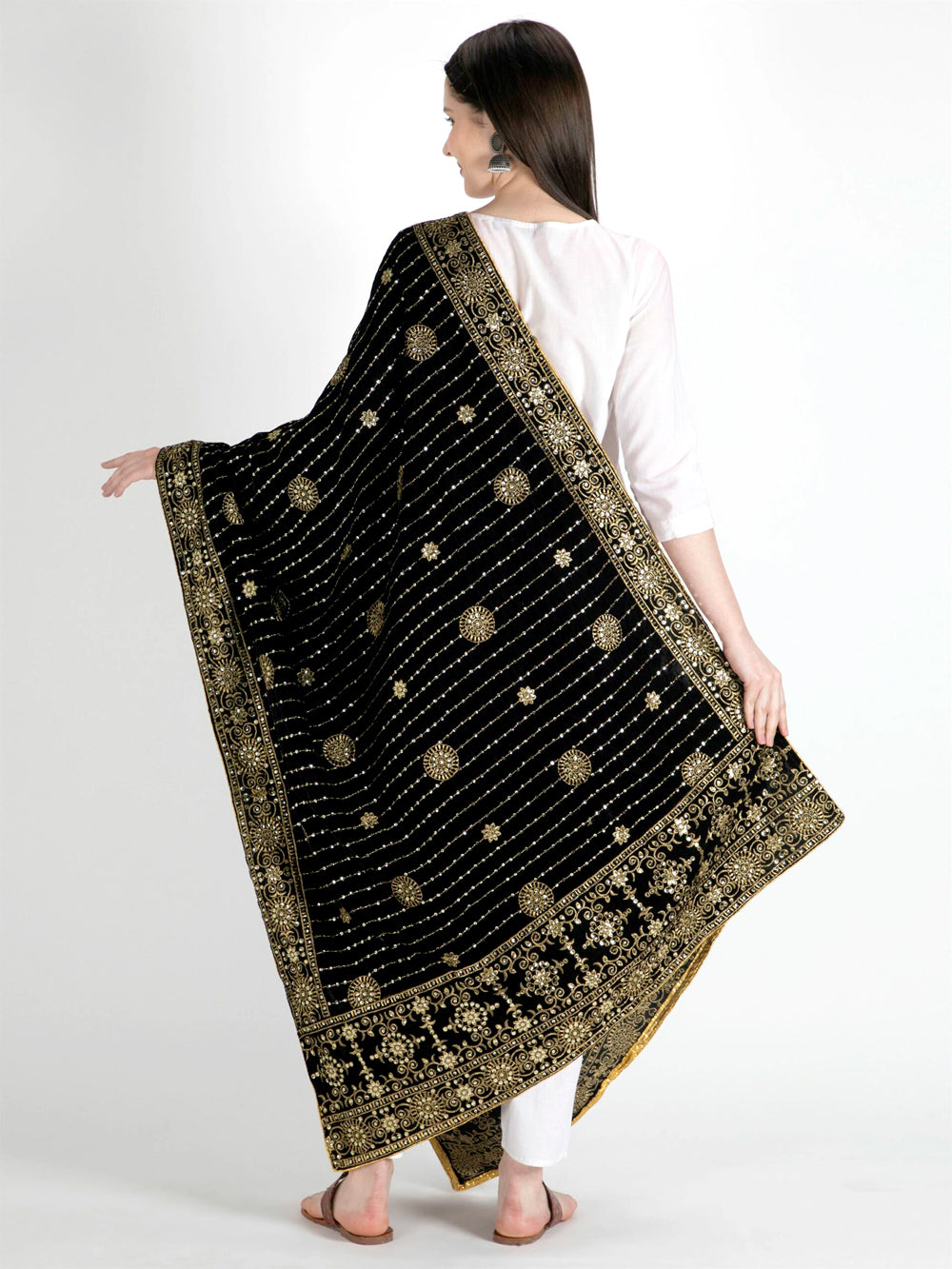 Women's Black & Gold Embroidered Velvet Shawl