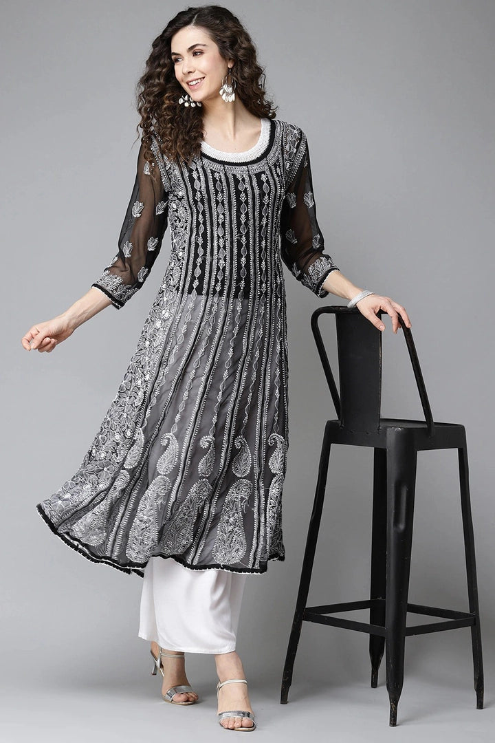 Buy Black Georgette Lucknowi Anarkali Dress at PinkPhulkari California