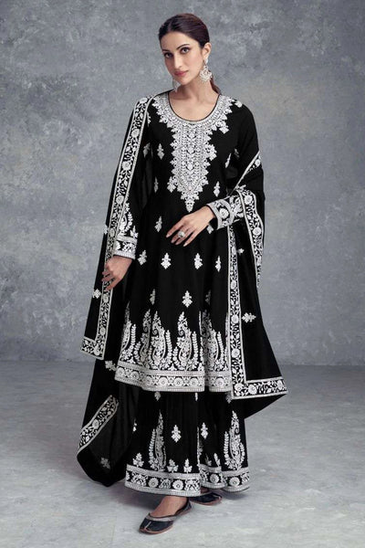 Buy Chinon Silk Black Embroidered Short Anarkali Gharara Set 