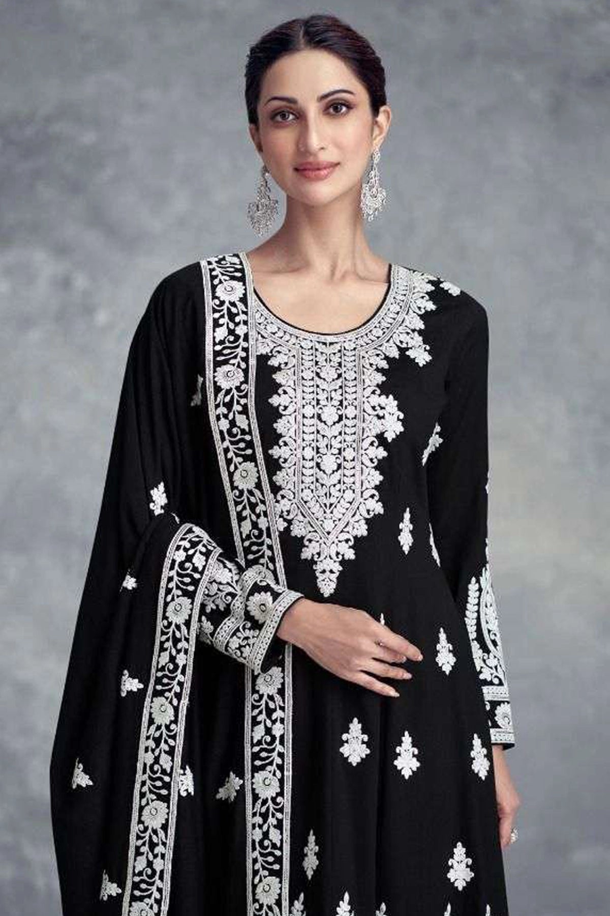 Buy Chinon Silk Black Embroidered Short Anarkali Gharara Set 
