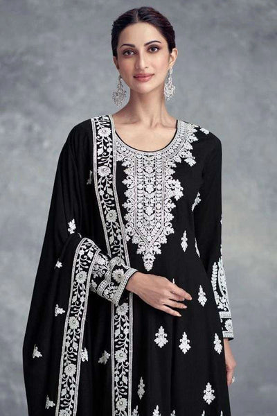 Buy Chinon Silk Black Embroidered Short Anarkali Gharara Set Buy Chinon Silk Black Embroidered Short Anarkali Gharara Set 