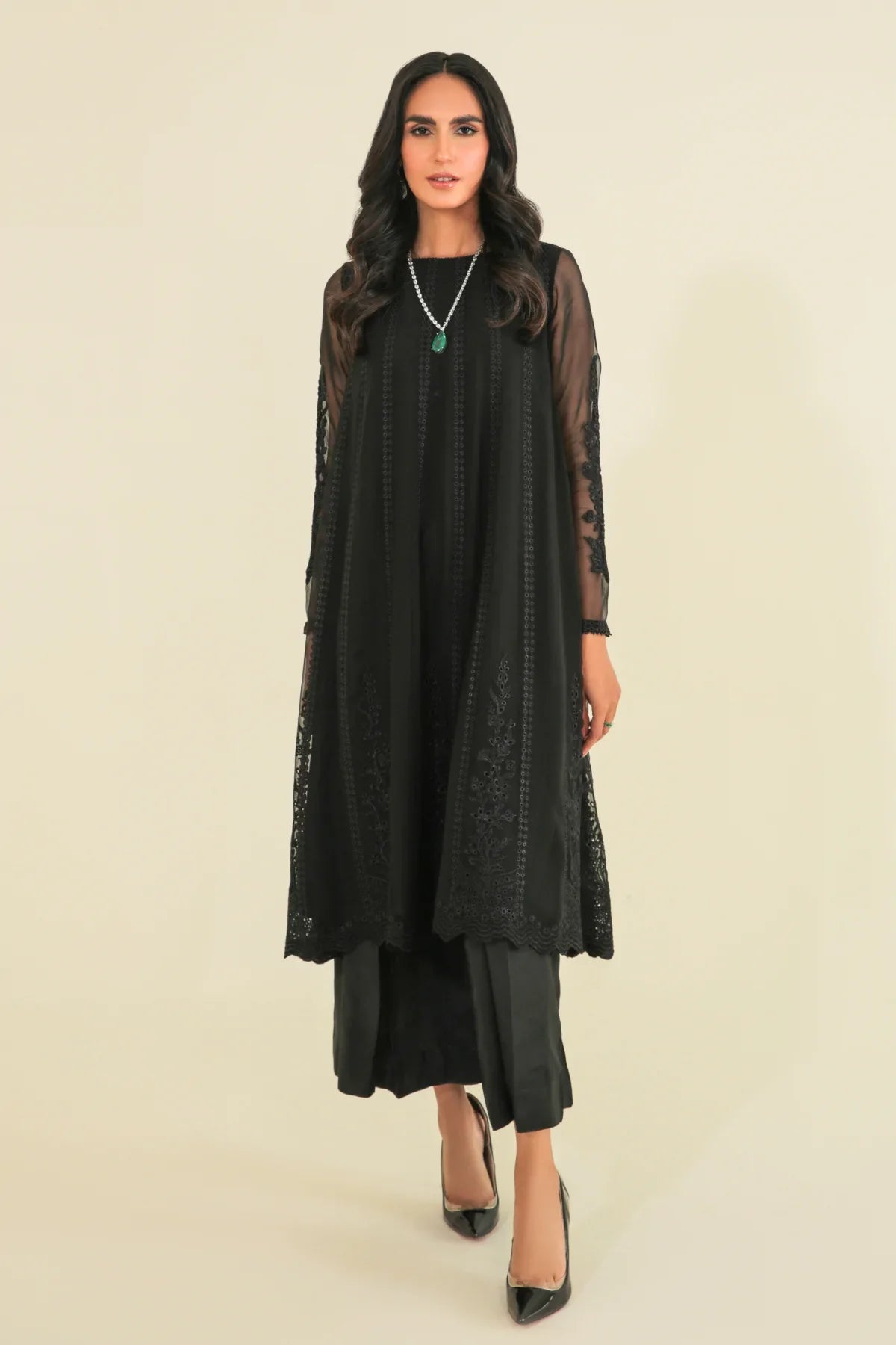 Pakistani Designer Black Embroidered Chiffon Ladies Suit at PinkPhulkari California