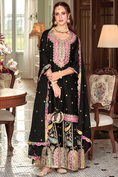  Black Chinon Silk Embroidered Palazzo Style Suit 