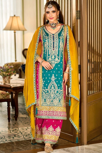 Teal Blue Silk Heavy Embroidered Color Block Traditional Suit Teal Blue Silk Heavy Embroidered Color Block Traditional Suit 
