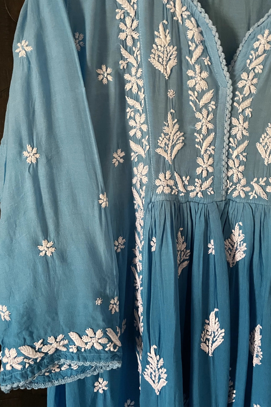 Blue Lucknowi Hand Embroidered Short Frock A-Line Peplum Kurta Set