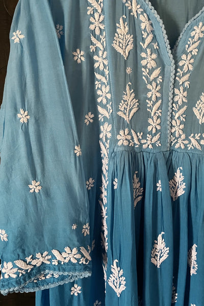 Blue Lucknowi Hand Embroidered Short Frock A-Line Peplum Kurta SetBlue Lucknowi Hand Embroidered Short Frock A-Line Peplum Kurta Set