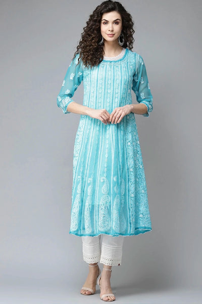 Buy Turquoise Georgette Anarkali Dress at PinkPhulkari California