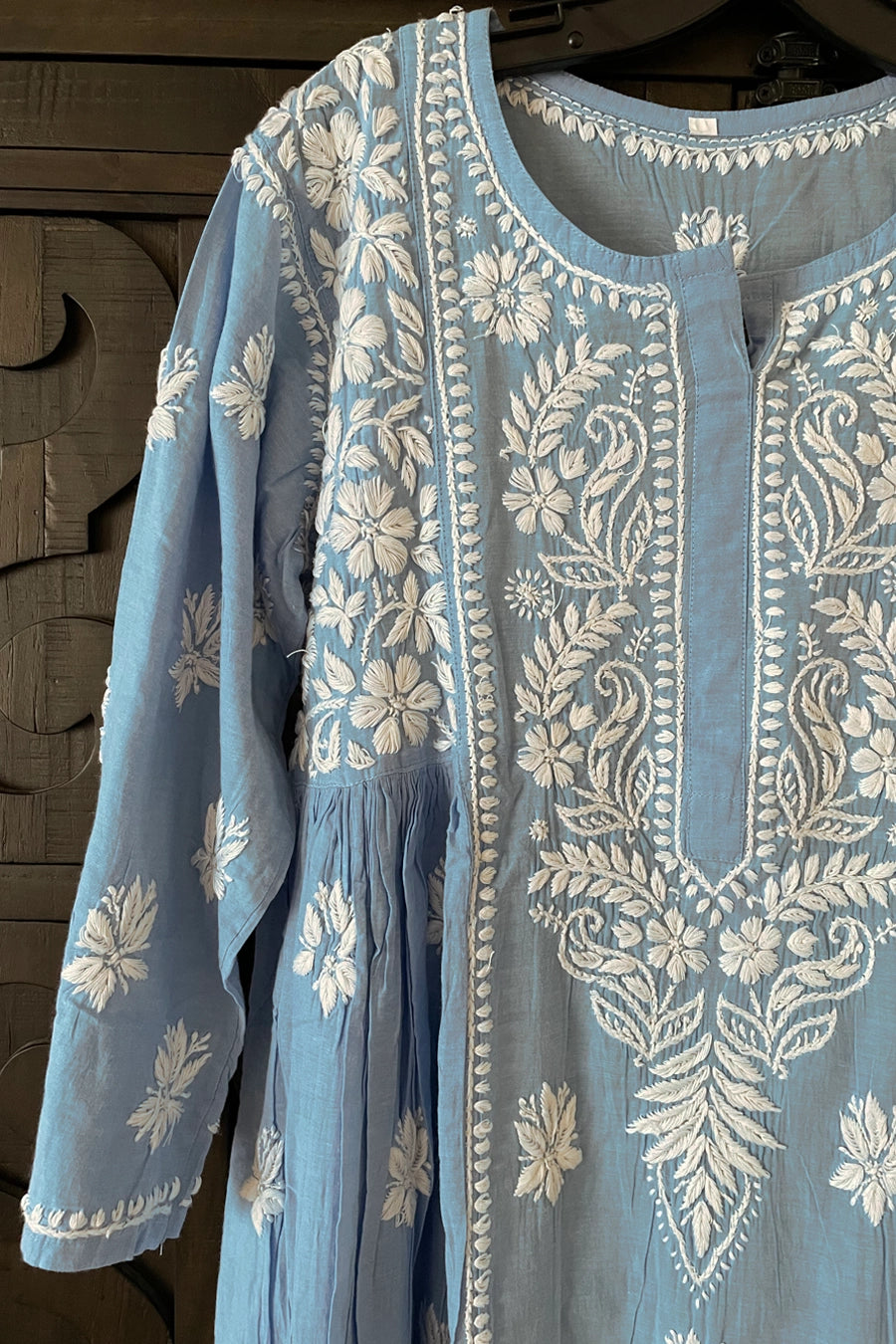 Blue Cotton Lucknowi Chikankari A Line Kurta Dress