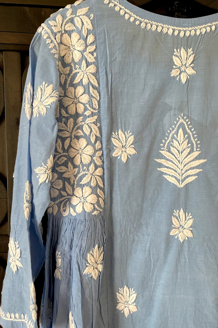 Blue Cotton Lucknowi Chikankari A Line Kurta Dress