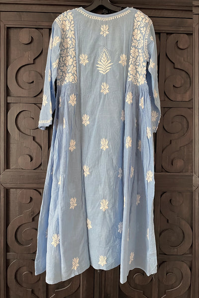 Blue Cotton Lucknowi Chikankari A Line Kurta DressBlue Cotton Lucknowi Chikankari A Line Kurta Dress