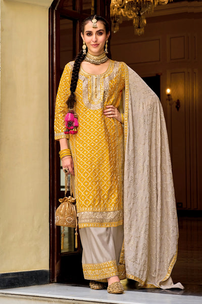 Yellow Gold Embroidered Traditional Palazzo Suit at PinkPhulkari 