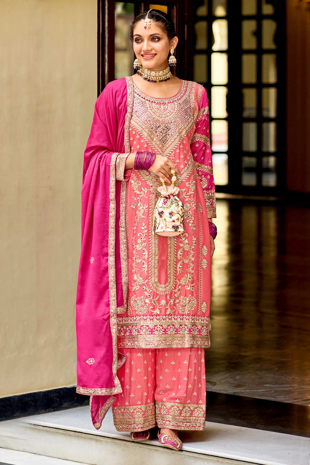 Pink Embroidered Traditional Palazzo Suit at PinkPhulkari