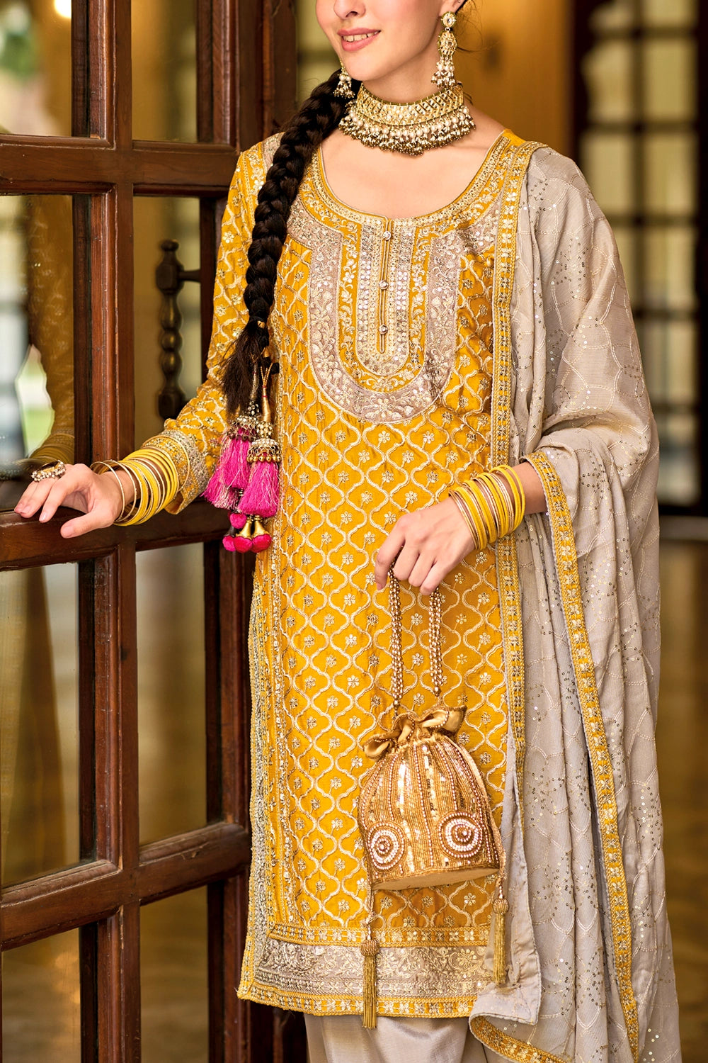 Yellow Gold Embroidered Traditional Palazzo Suit at PinkPhulkari 
