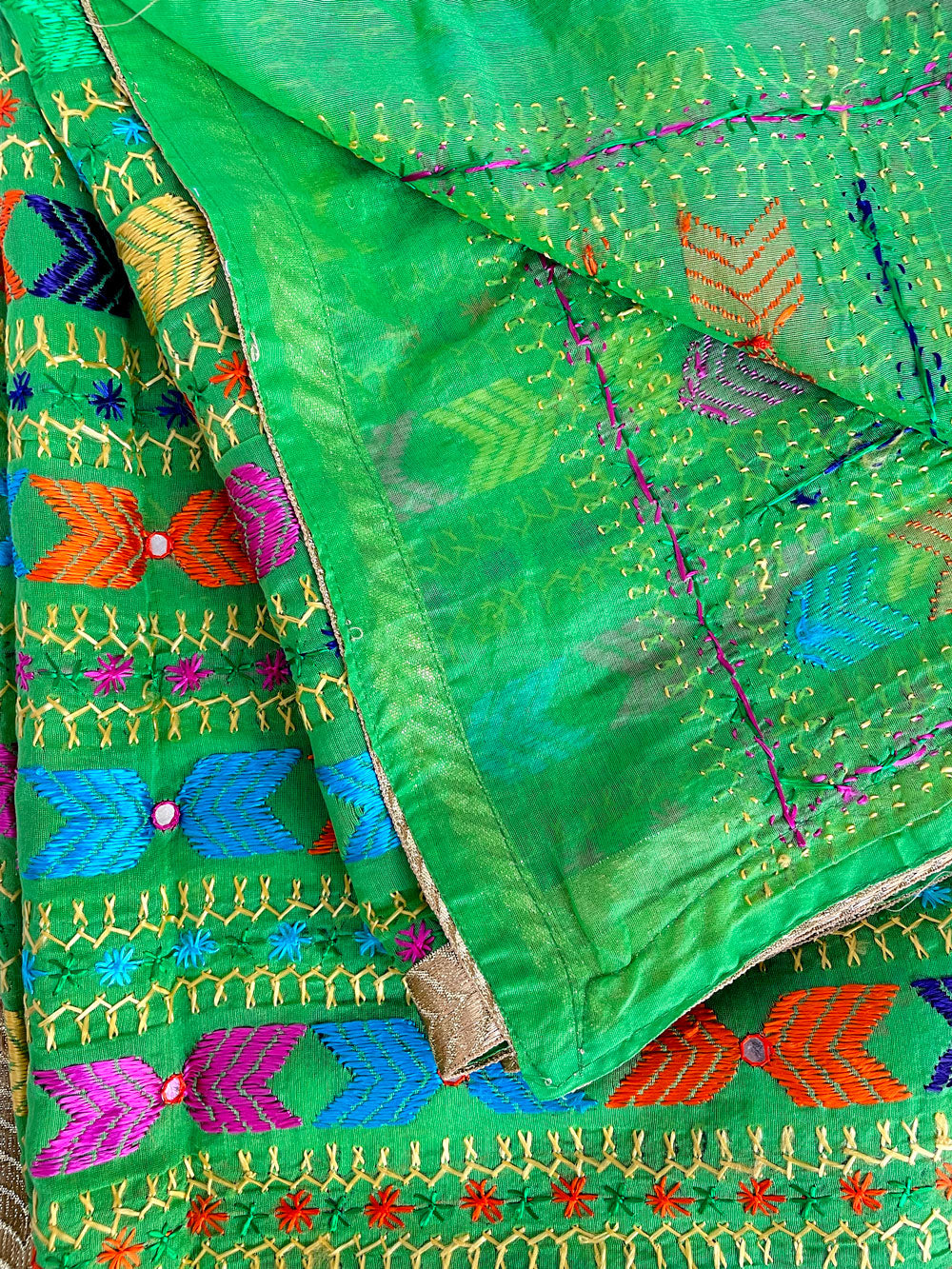 Green Chanderi Handwork Phulkari Dupatta at PinkPhulkari California