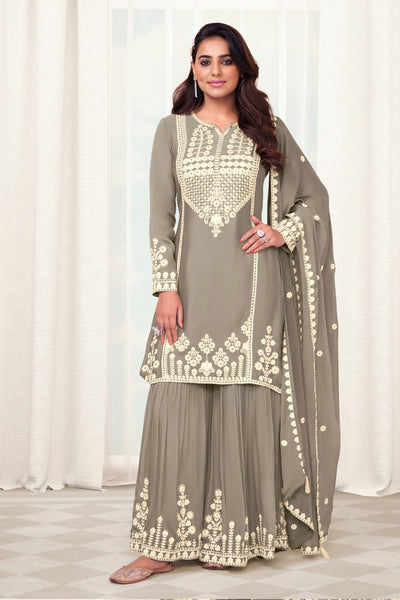 Buy Light Gray Chinon Silk Embroidered Sharara Suit at PinkPhulkari