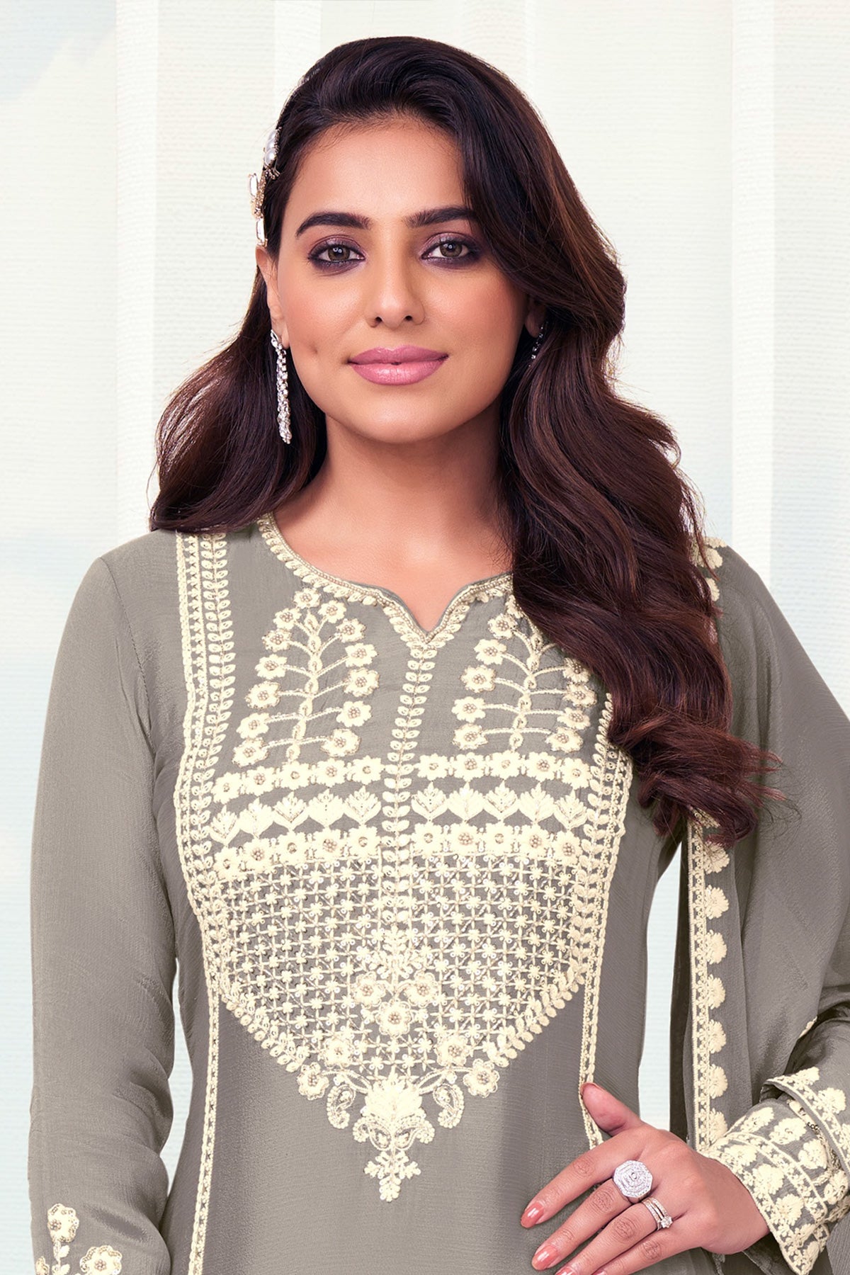 Buy Light Gray Chinon Silk Embroidered Sharara Suit at PinkPhulkari