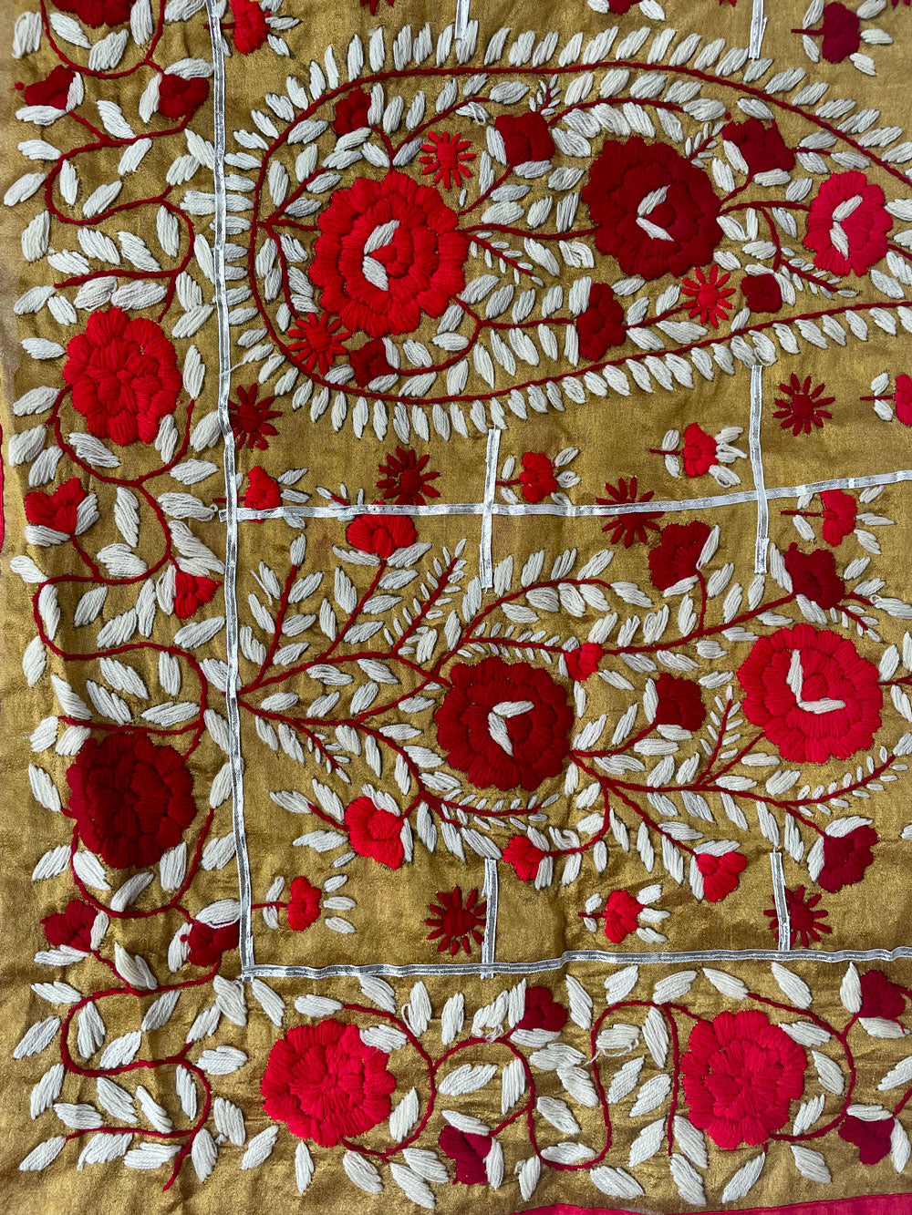 Gold Chanderi Silk Parsi Handwork Dupatta at PinkPhulkari California