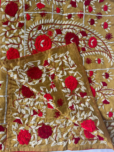 Gold Chanderi Silk Parsi Handwork Dupatta at PinkPhulkari CaliforniaGold Chanderi Silk Parsi Handwork Dupatta at PinkPhulkari California