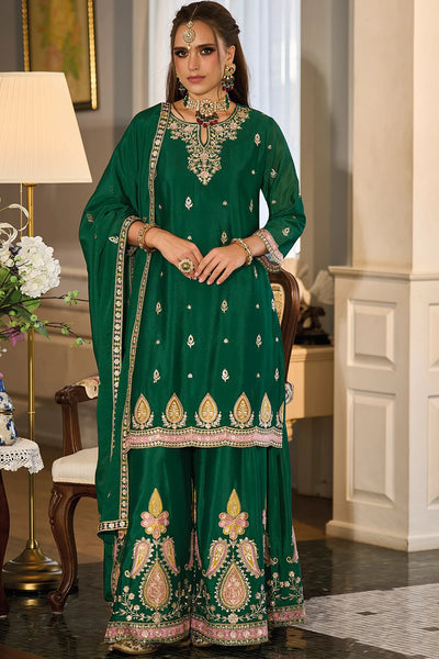 Buy Green Chinon Silk Palazzo Style Suit at PinkPhulkari CaliforniaBuy Green Chinon Silk Palazzo Style Suit at PinkPhulkari California