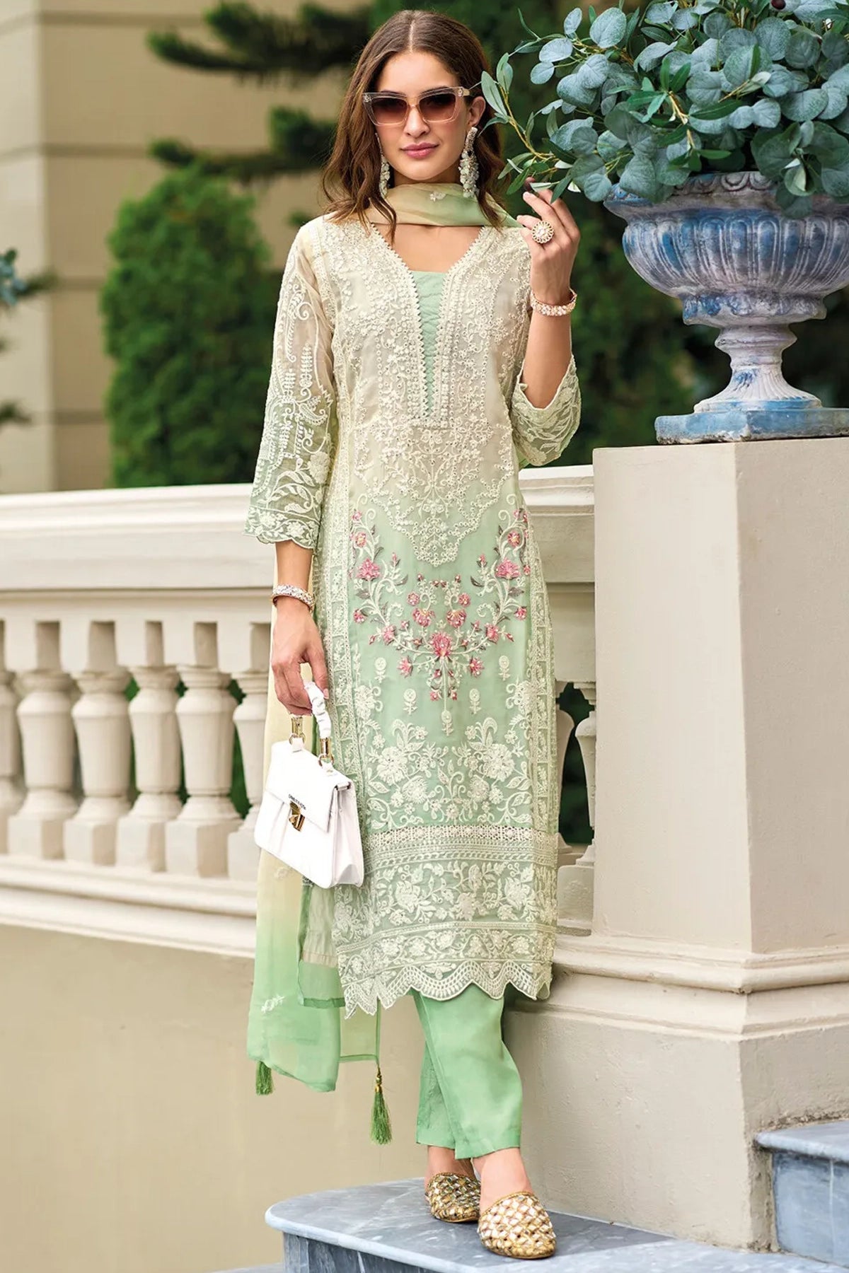 Buy Light Green Embroidered Organza Pakistani Suit at PinkPhulkari