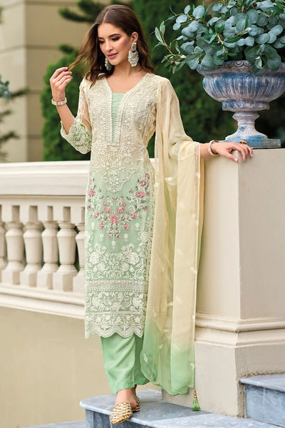 Buy Light Green Embroidered Organza Pakistani Suit at PinkPhulkari