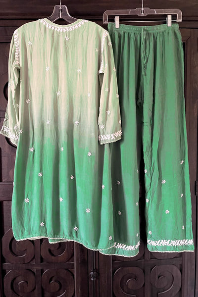 Green Lucknowi Hand Embroidered Short Frock A-Line Peplum Kurta SetGreen Lucknowi Hand Embroidered Short Frock A-Line Peplum Kurta Set