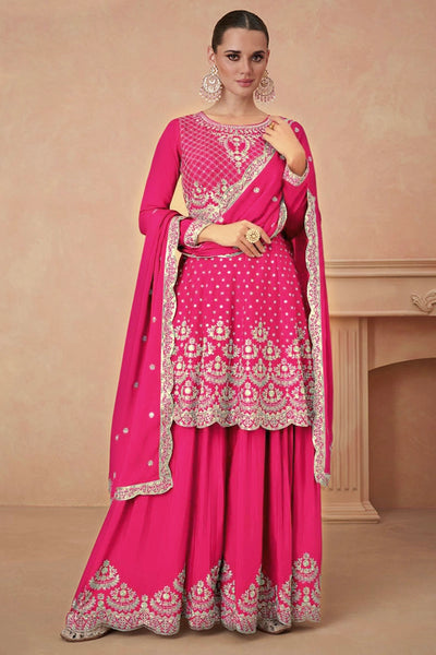 Bridal Magenta Pink Chinon Silk Sharara Suit at PinkPhulkari CaliforniaBridal Magenta Pink Chinon Silk Sharara Suit at PinkPhulkari California