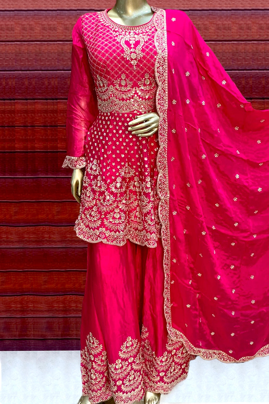 Rani Magenta Pink Chinon Silk Bridal Sharara Suit