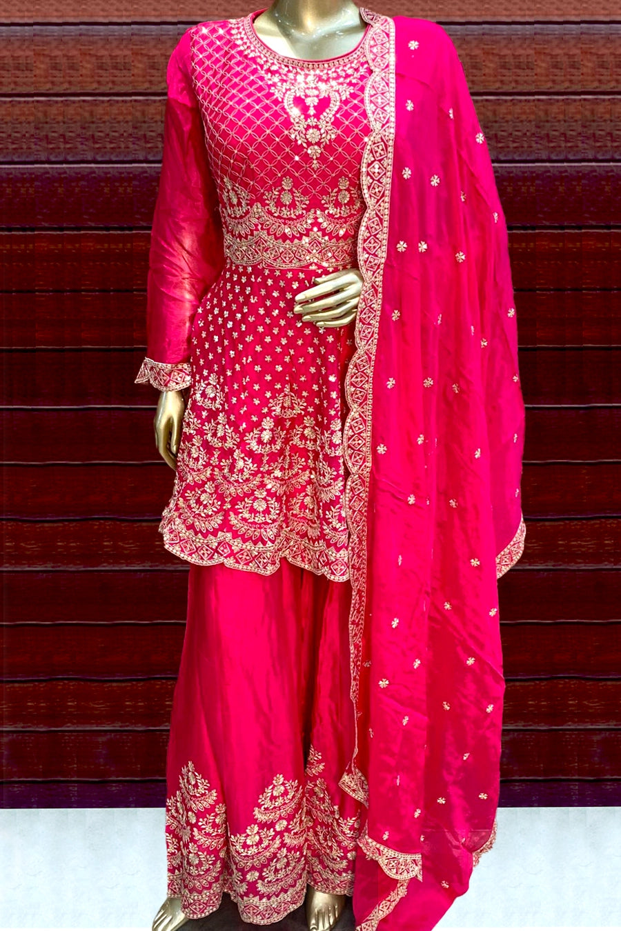 Rani Magenta Pink Chinon Silk Sharara Suit at PinkPhulkari California