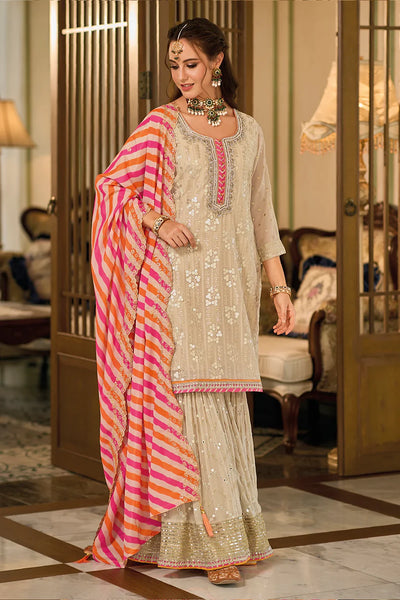 Ivory Georgette Embroidered Gharara Suit at PinkPhulkari CaliforniaIvory Georgette Embroidered Gharara Suit at PinkPhulkari California