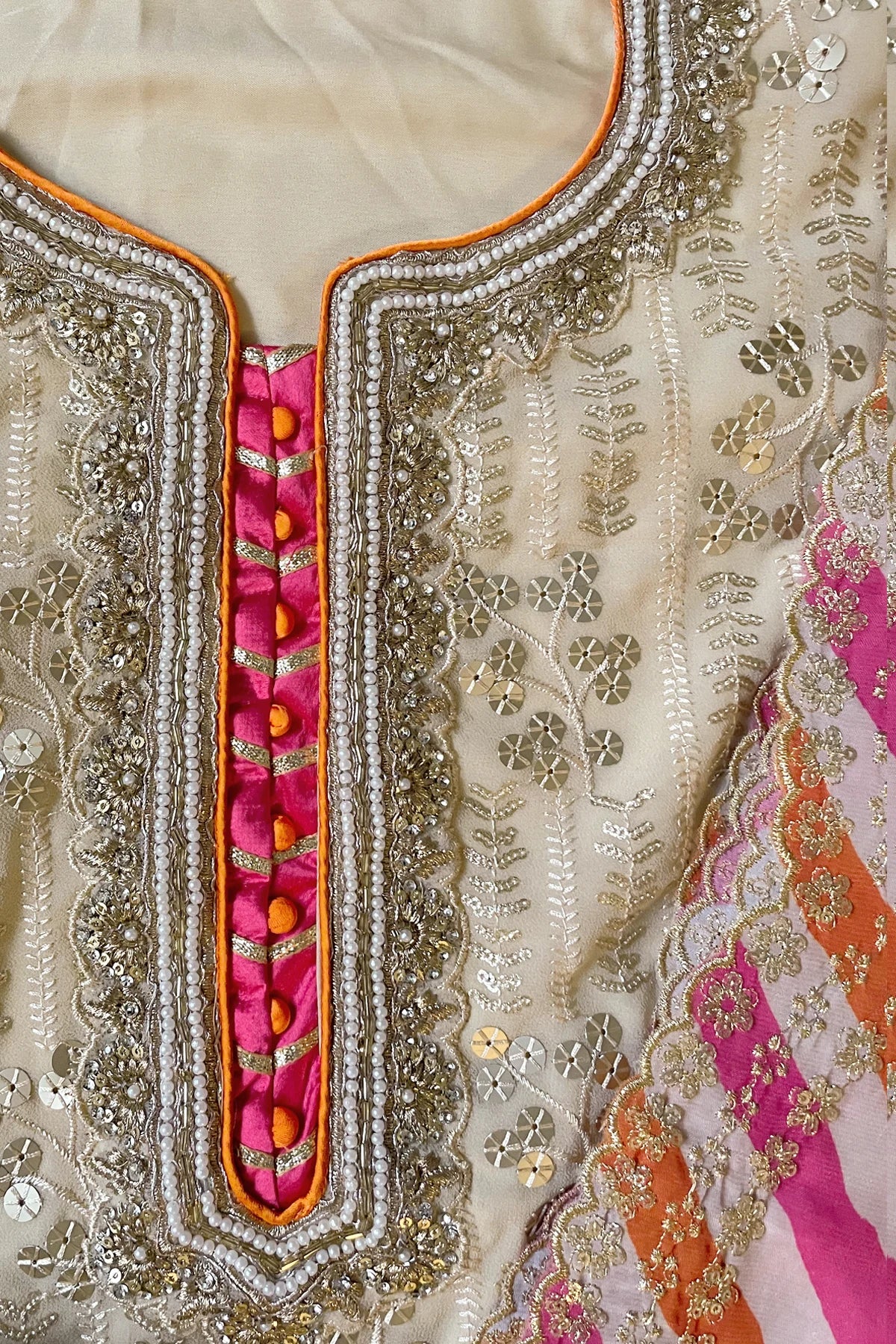 Ivory Georgette Embroidered Gharara Suit at PinkPhulkari California