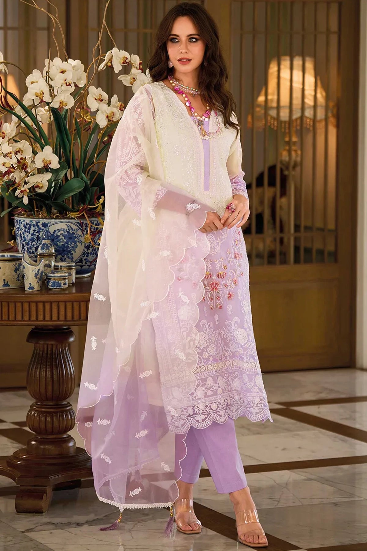 Buy Light Purple Embroidered Organza Pakistani Suit at PinkPhulkari