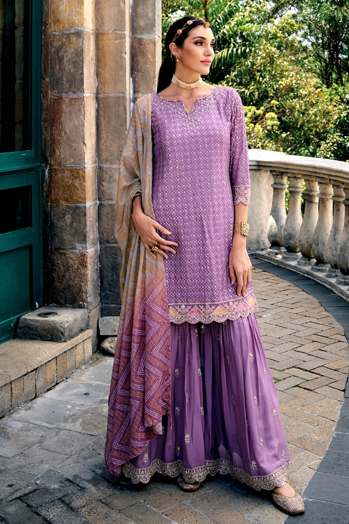 Buy Purple Embroidered Sharara Suit at PinkPhulkari California