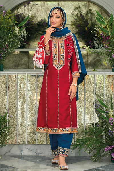 Red Embroidered Gota Patti Salwar Suit at PinkPhulkari CaliforniaRed Embroidered Gota Patti Salwar Suit at PinkPhulkari California