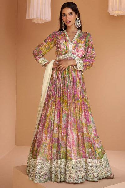Multicolor Printed Georgette Anarkali Gown at PinkPhulkari California