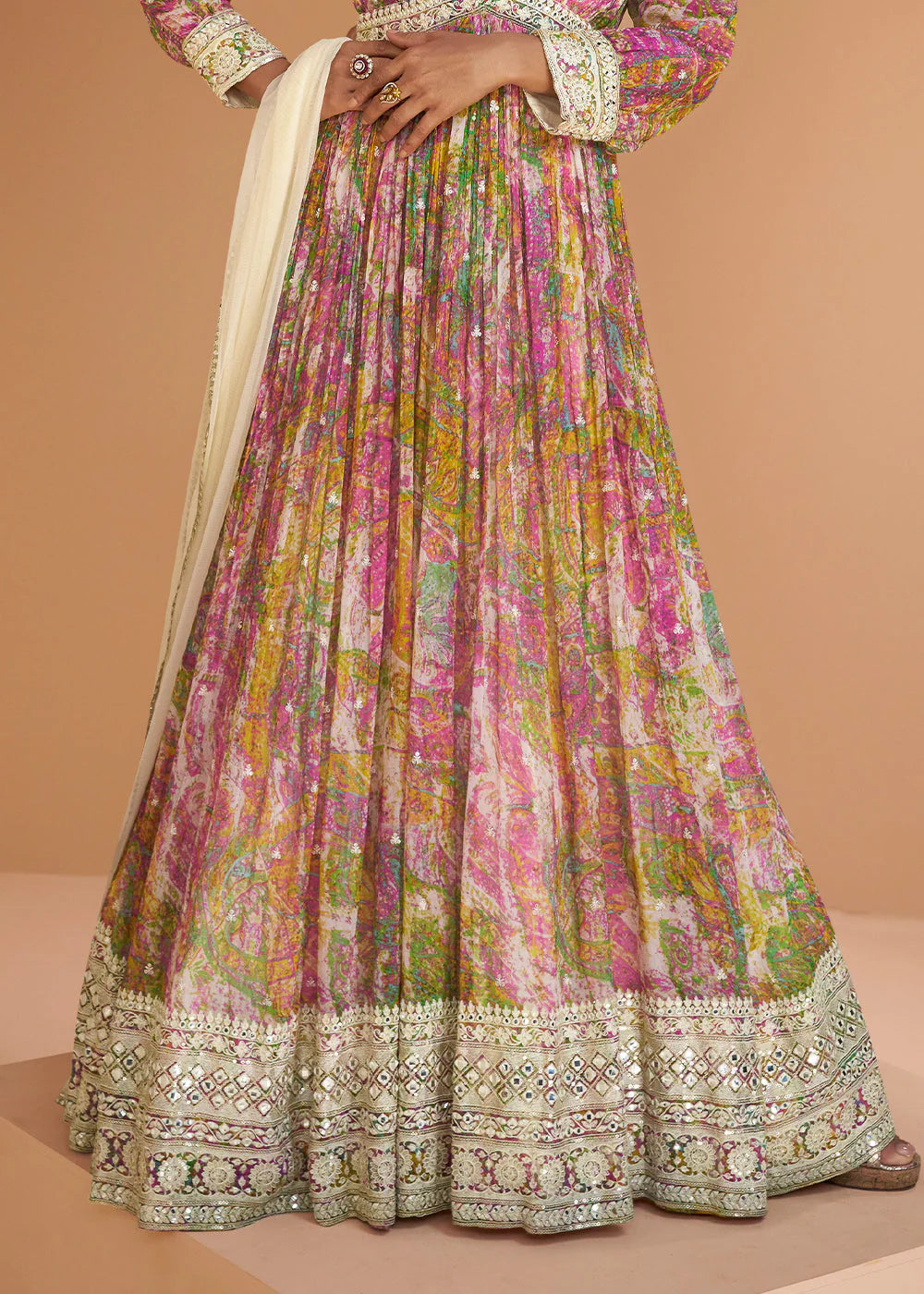 Multicolor Printed Georgette Anarkali Gown at PinkPhulkari California