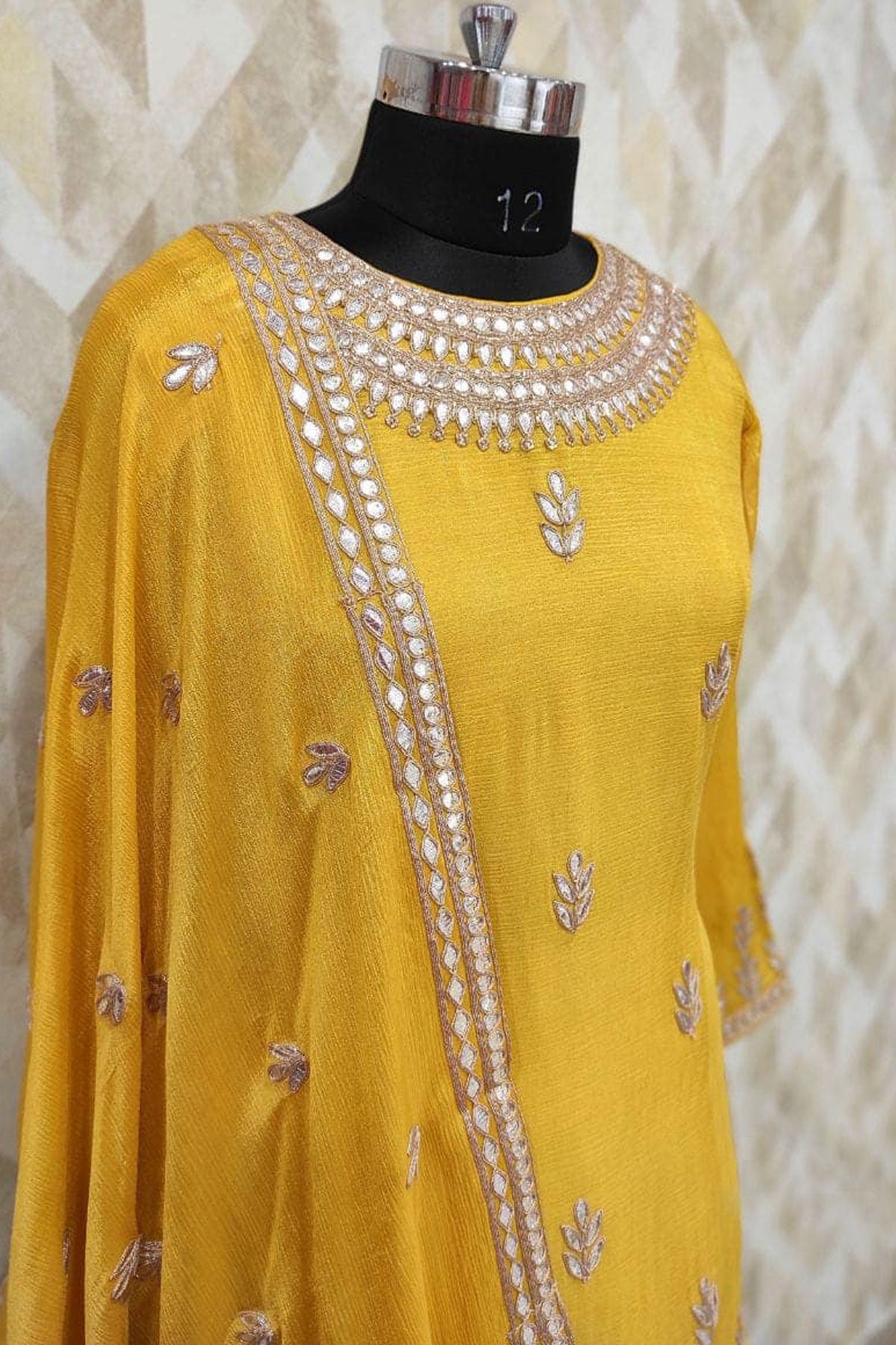 Yellow Gold Punjabi Garara Suit With Patra Work at PinkPhulkari 