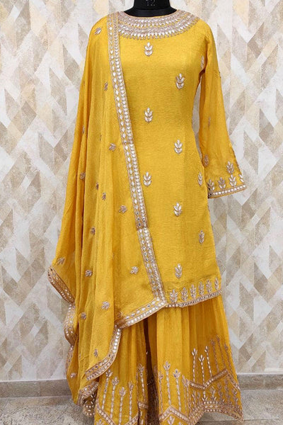 Yellow Gold Punjabi Garara Suit With Patra Work at PinkPhulkari Yellow Gold Punjabi Garara Suit With Patra Work at PinkPhulkari 