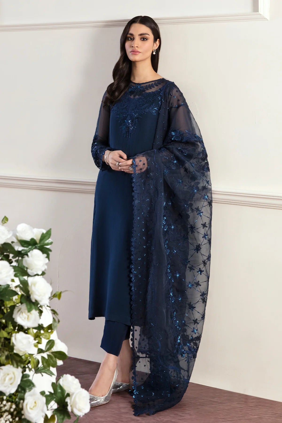 Navy Embroidered Chiffon Party Wear Suit at PinkPhulkari California