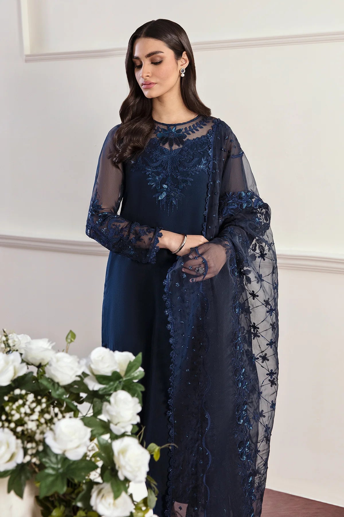 Navy Embroidered Chiffon Party Wear Suit at PinkPhulkari California