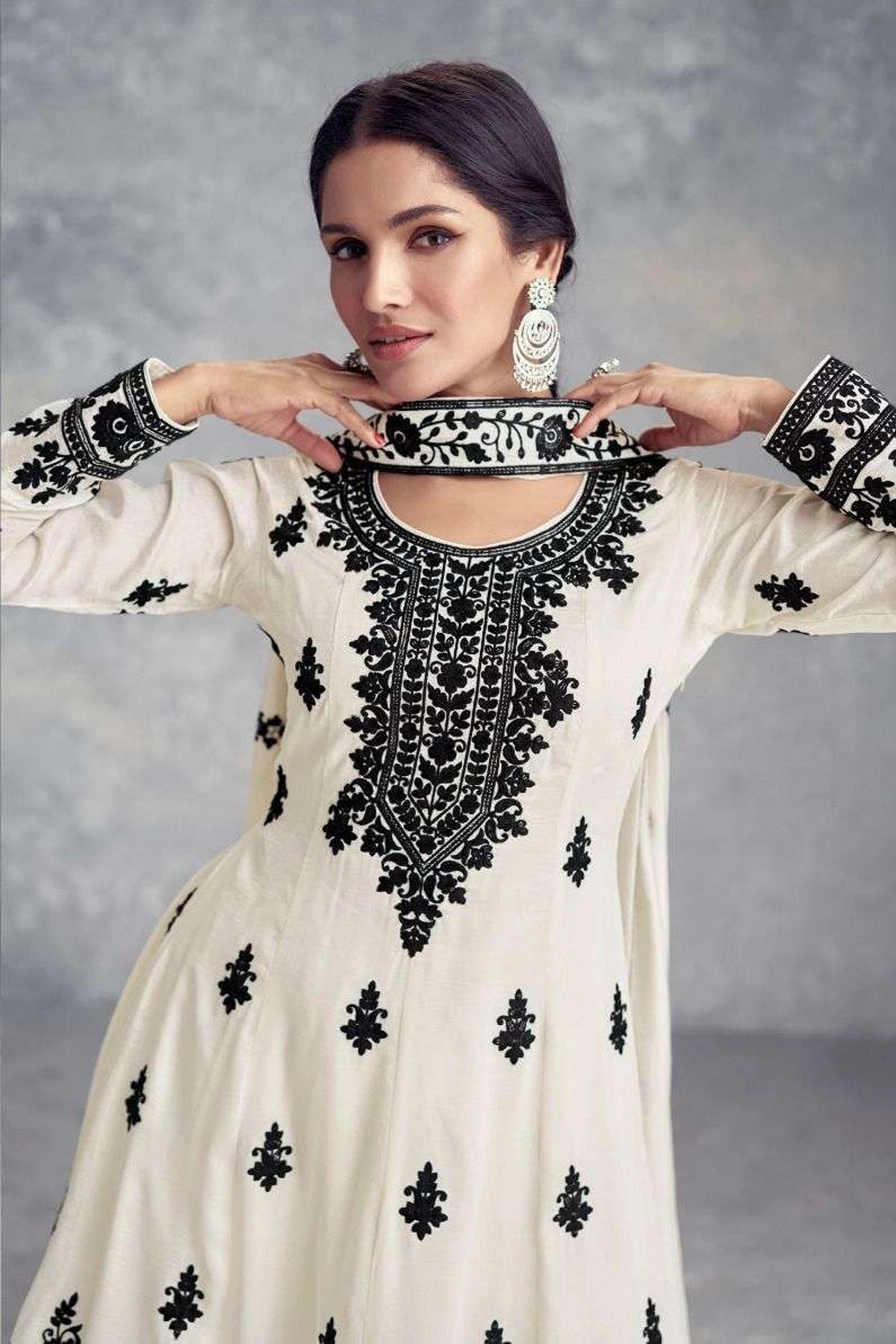 Chinon Silk Off White Embroidered Short Anarkali Gharara Set