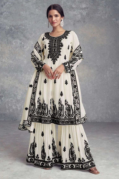 Chinon Silk Off White Embroidered Short Anarkali Gharara SetChinon Silk Off White Embroidered Short Anarkali Gharara Set
