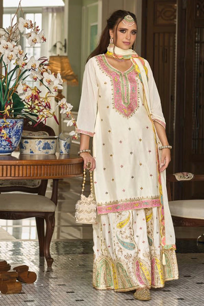 Buy Off White Chinon Silk Embroidered Palazzo Suit at PinkPhulkari Buy Off White Chinon Silk Embroidered Palazzo Suit at PinkPhulkari 